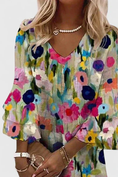 Katharina | Damen Blumenprint V-Ausschnitt Rüschenärmel Minikleid