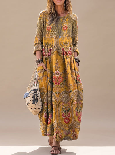 Lena | Damen Boho Maxi-Kleid Oversized Vintage Blumenprint Langarm