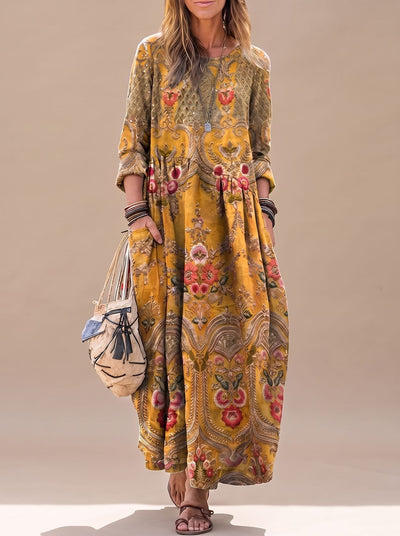 Lena | Damen Boho Maxi-Kleid Oversized Vintage Blumenprint Langarm