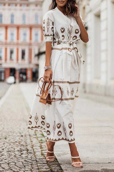 Hannah | Damen Boho-Print Gürtel Midi Kleid mit 3/4-Ärmeln