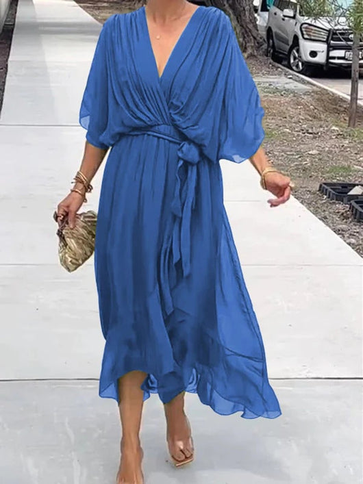 Sophie | Damen Chiffon Cocktailparty-Kleid V-Ausschnitt Taillengürtel Midi