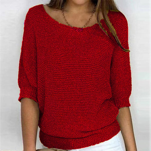 Charlotte | Damen Grobstrick-Pullover Rundhals Halbarm Lässiger Strickpullover