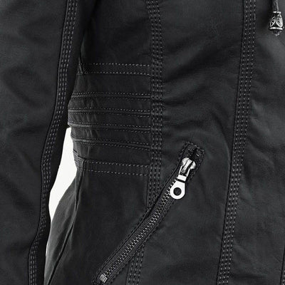 Annika | Damen Kunstleder Kapuzenjacke mit Reißverschluss Taillierter Women Coat