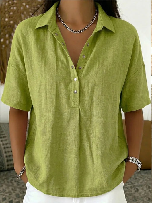 Johanna | Damen Kurzarm-Bluse mit Kragen lockerer Leinen-Look Knopfleiste