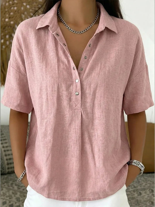 Johanna | Damen Kurzarm-Bluse mit Kragen lockerer Leinen-Look Knopfleiste