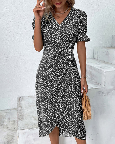 Sophie | Damen Kurzarm Midi Wickelkleid mit V-Ausschnitt und Knöpfen