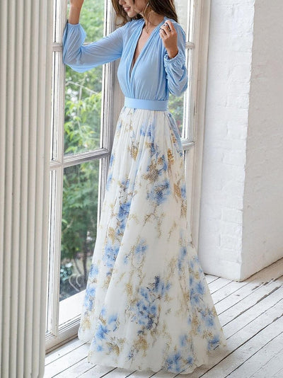 Marlene | Damen Langarm Maxikleid Florales Chiffon A-Linie tiefer V-Ausschnitt