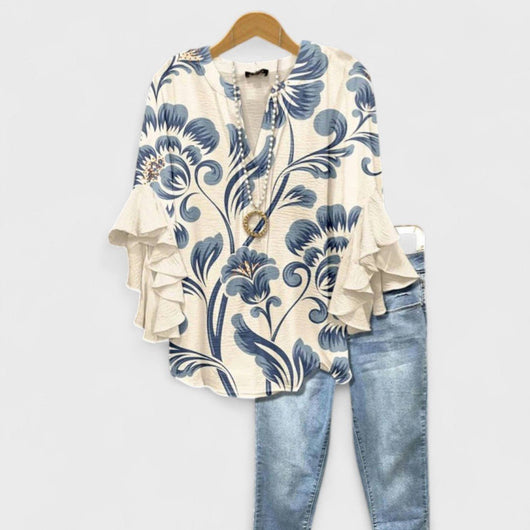 Clara | Damen Leichte Bluse Blumenprint V-Ausschnitt Rüschenärmel