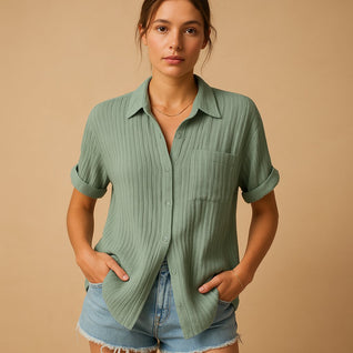 Clara | Damen Leinen-Look Kurzarm Brusttaschen-Hemdbluse