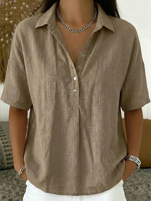 Amelie | Damen Lockere Kurzarm-Bluse mit Polokragen und Knopfleiste