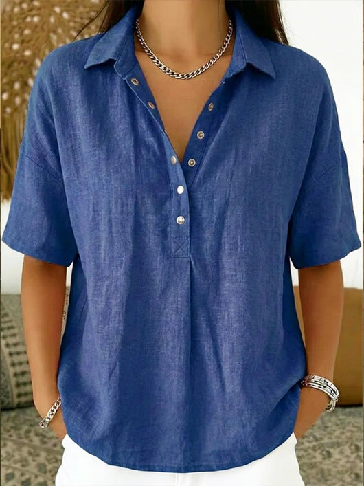 Amelie | Damen Lockere Kurzarm-Bluse mit Polokragen und Knopfleiste