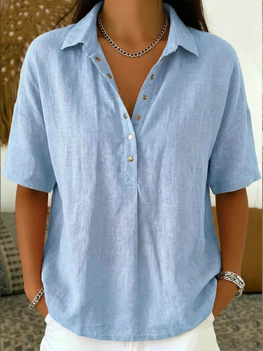 Amelie | Damen Lockere Kurzarm-Bluse mit Polokragen und Knopfleiste