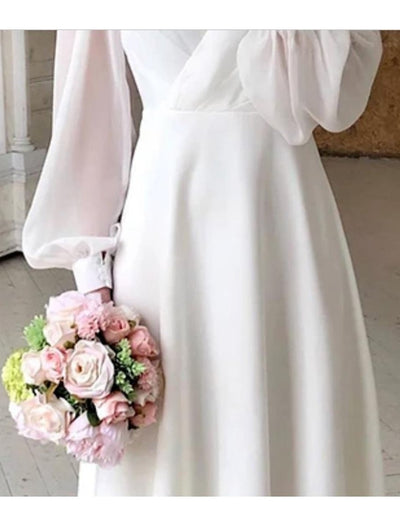 Greta | Damen Long Sleeve Dress elegantes Midi-Hochzeitskleid V-Ausschnitt Puffärmel