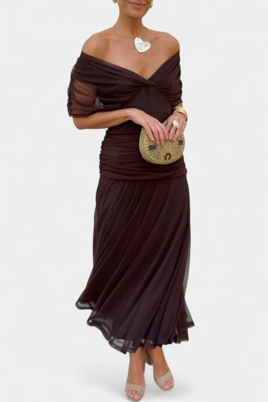 Greta | Damen Off-Shoulder Cocktailparty-Kleid figurbetontes Maxi-Abendkleid