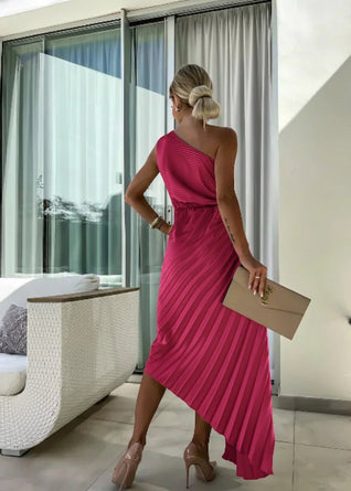Mia | Damen One-Shoulder Plissee Maxi Kleid mit Blumendetail
