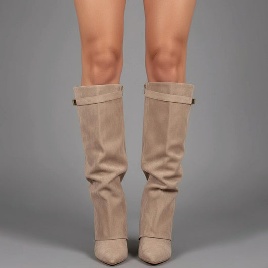Nora | Damen Overknee Stiefel Mit Schnalle Spitzer Blockabsatz Wildleder