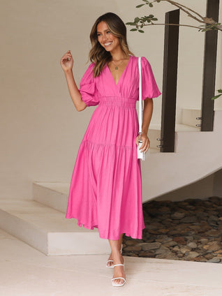 Emilia | Damen V-Ausschnitt Puffärmel Midi-Kleid mit Smok-Taille