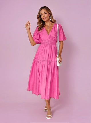 Emilia | Damen V-Ausschnitt Puffärmel Midi-Kleid mit Smok-Taille
