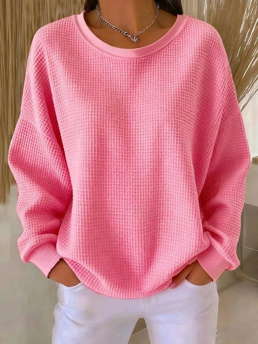 Mia | Damen Waffelstrick Oversize Langarm Rundhals Pullover