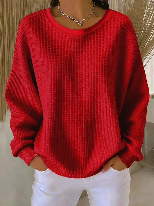 Mia | Damen Waffelstrick Oversize Langarm Rundhals Pullover