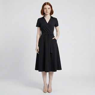 Sophie | Damen Wickel-Midi-Kleid mit V-Ausschnitt Taillengürtel Seitentaschen
