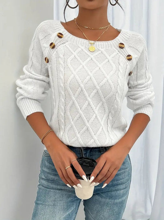 Leonie | Damen Zopfmuster Knit Sweater Rundhals Raglanärmel mit Knöpfen