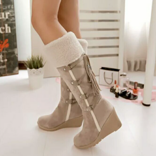 Bettina | Damen Schnürkeil-Stiefel mit Fellumschlag