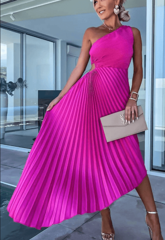 Hanna | Damen Falten-Maxi-Kleid mit One-Shoulder-Design