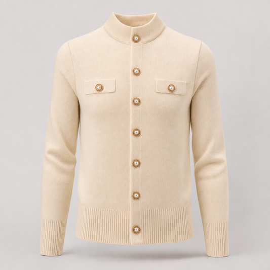 Selby button mock neck knit in beige, product shot