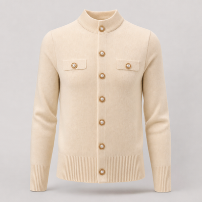 Selby button mock neck knit in beige, product shot