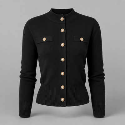 Selby button mock neck knit in black, product shot