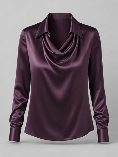 Verity satin cowl neck top in deep plum, product shot