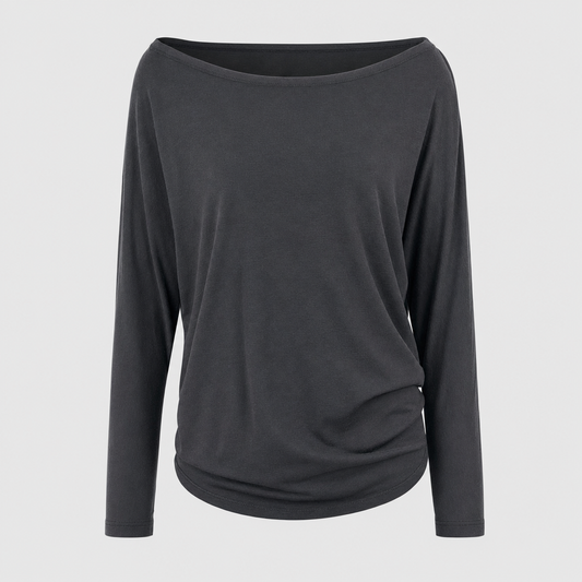 Ashwell draped boat neck top in charcoal grey, product shot