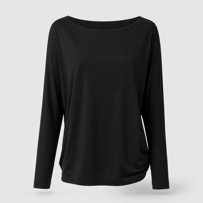 Ashwell draped boat neck top in black, product shot