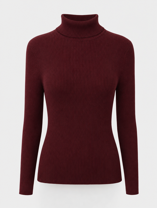 Penrose fine knit turtleneck in burgundy, product shot