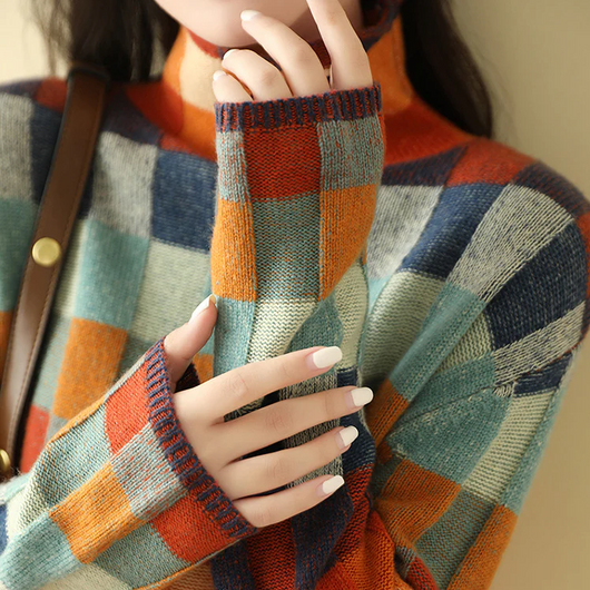 Andrea | Damen Strickpullover mit Farbblock- und Karomuster