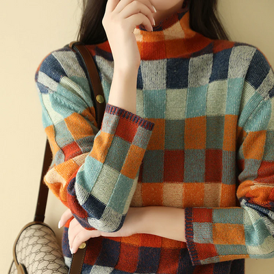 Andrea | Damen Strickpullover mit Farbblock- und Karomuster