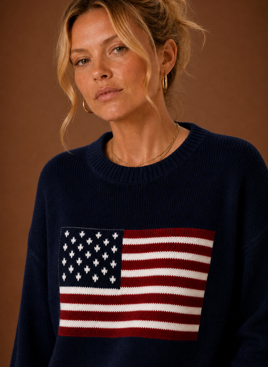 Damen Pullover mit Rundhals und Flaggen-Strickmuster