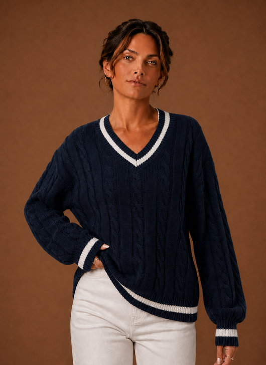 Damen Zopfstrickpullover mit V-Ausschnitt