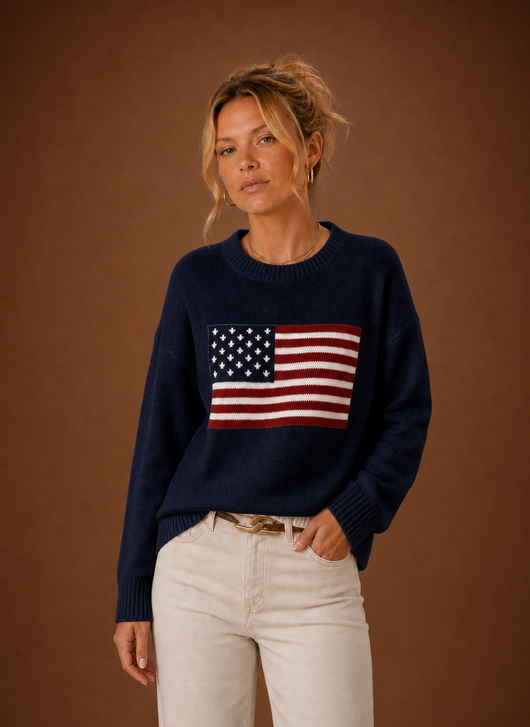 Damen Pullover mit Rundhals und Flaggen-Strickmuster