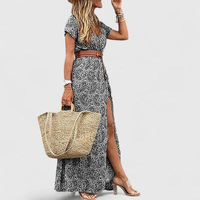 Anke | Damen Lässiges Boho-Maxikleid mit V-Ausschnitt
