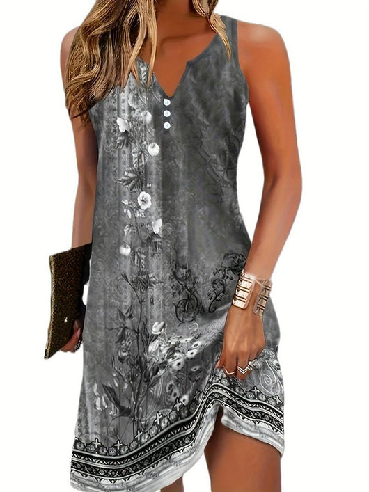 Nora | Ärmelloses V-Ausschnitt Kleid mit buntem Kunstdruck Minikleid