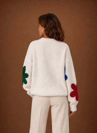 Damen Strickpullover mit Blumenmuster oversized
