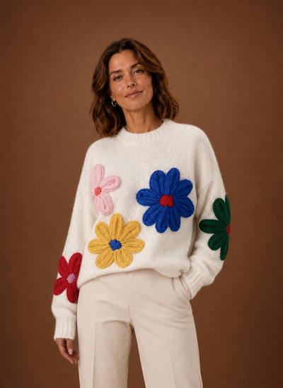 Damen Strickpullover mit Blumenmuster oversized