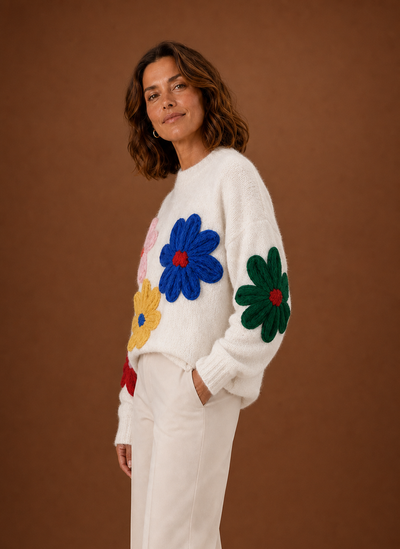 Damen Strickpullover mit Blumenmuster oversized
