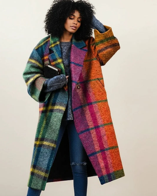 Sarah | Damen Bunter Langer Wintermantel aus Wolle