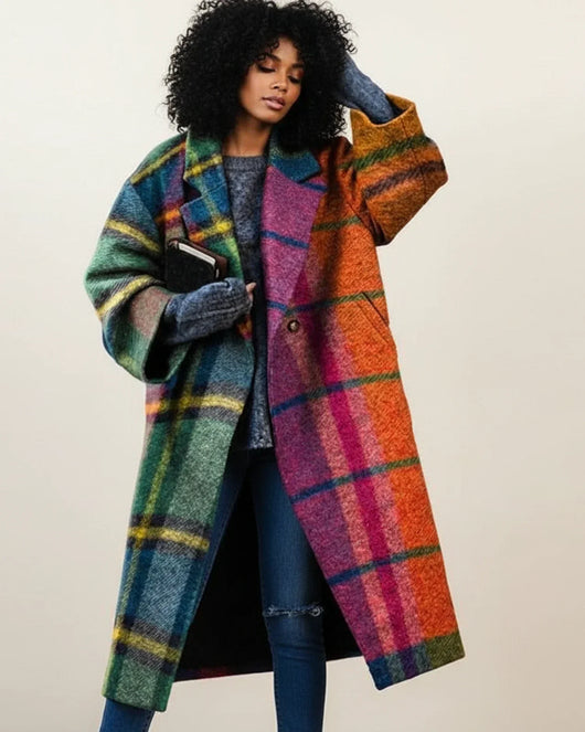 Sarah | Damen Bunter Langer Wintermantel aus Wolle